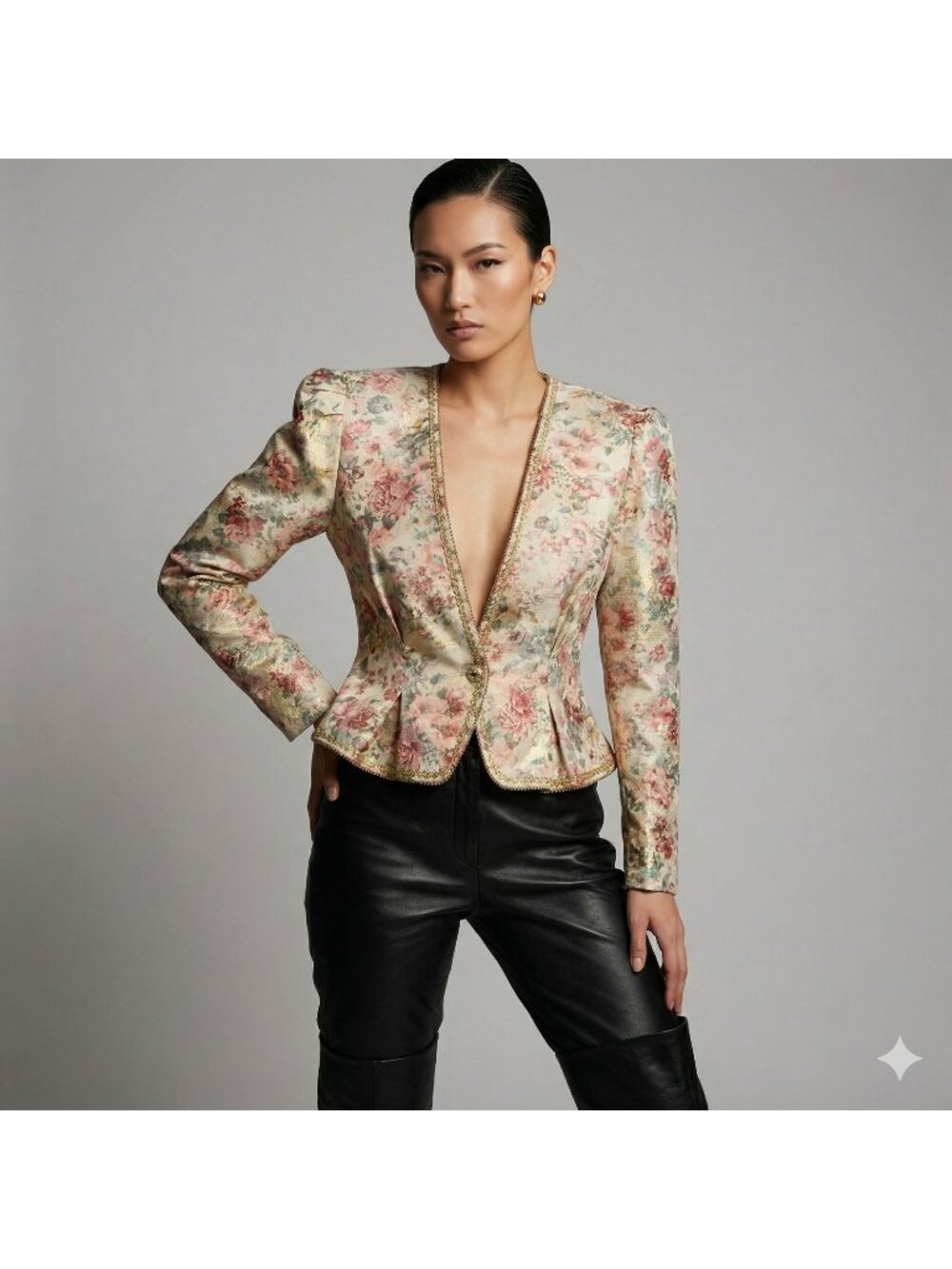 Vintage 1980s Nah Nah Floral Blazer 6 Gold Metallic Brocade Peplum Evening Jacke